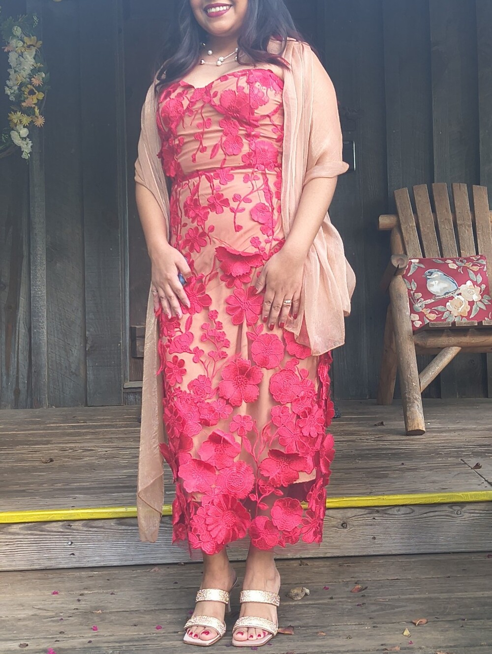 Women's Red Floral Lace Midi Skirt